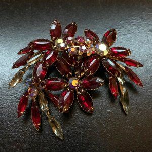 Vintage Red and White Rhinestone Brooch with Gold Tone